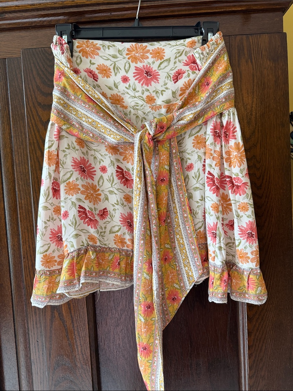 Floral Tie-Waist Mini Skirt or Bandeau Top — Ivory with Pink & Orange Blooms
